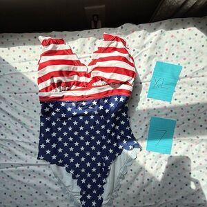 Red and Blue Striped and Star One-Piece Swimsuit